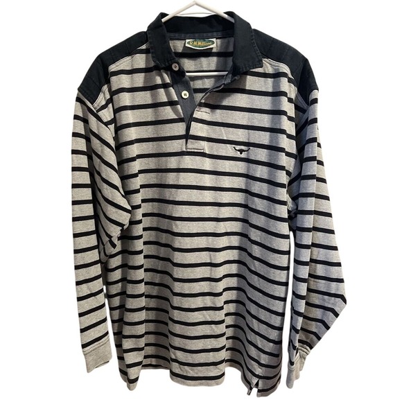 RM WILLIAMS Mens L Rugby Polo Striped Blue/Gray Collared Long Sleeve Jersey AUS - Picture 2 of 16